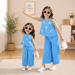 Sky Blue : Girls Stylish Sleeveless Top & Wide-Leg Pants Co-Ord Set