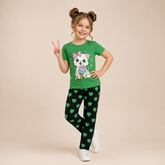 GREEN CAT WITH BLACK PAJMA PRINTED KIDS WEAR