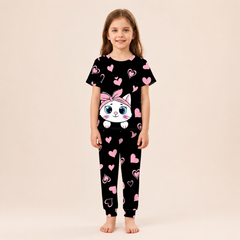 Black Kitty with black hearts Printed Kids Wear