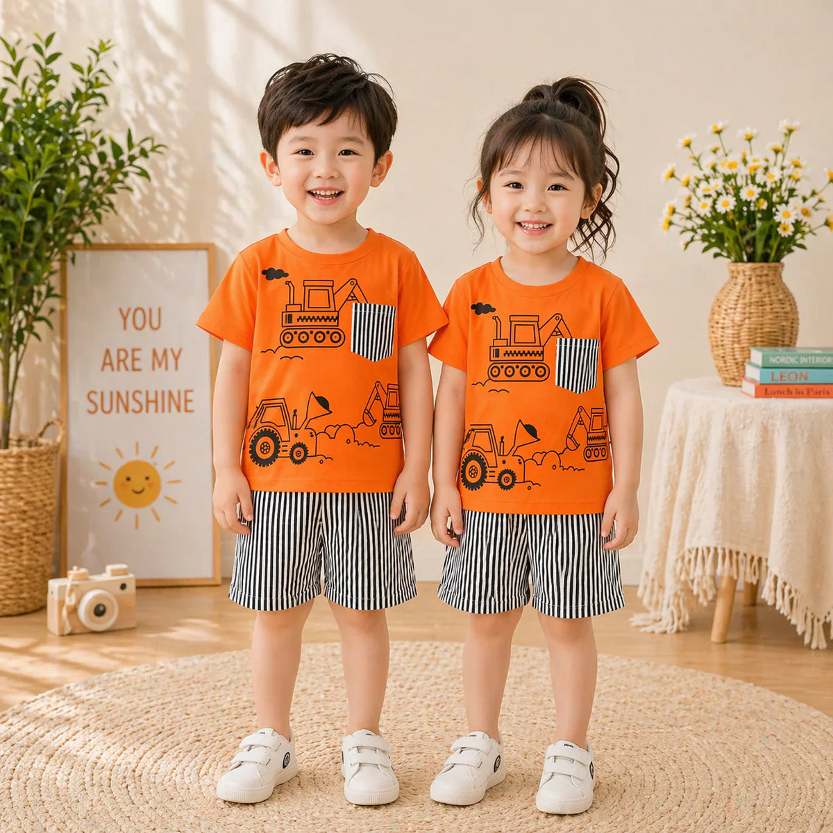 ORANGE WHITE & BLACK POCKET SHORT SET