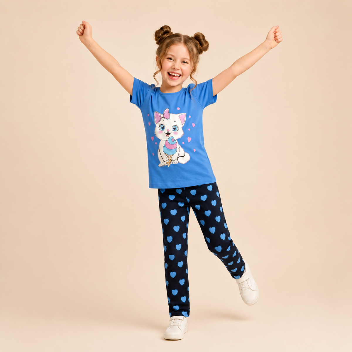 BLUE CAT WITH BLACK PAJMA PRINTED KIDS WEAR