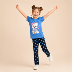 BLUE CAT WITH BLACK PAJMA PRINTED KIDS WEAR