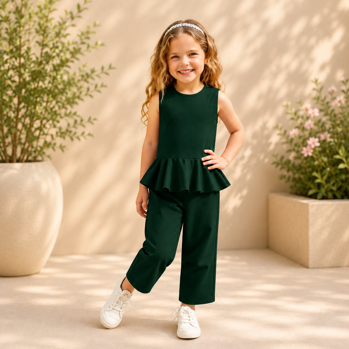 Charming Emerald Green Cotton Jersey Playground Outfit for Kids