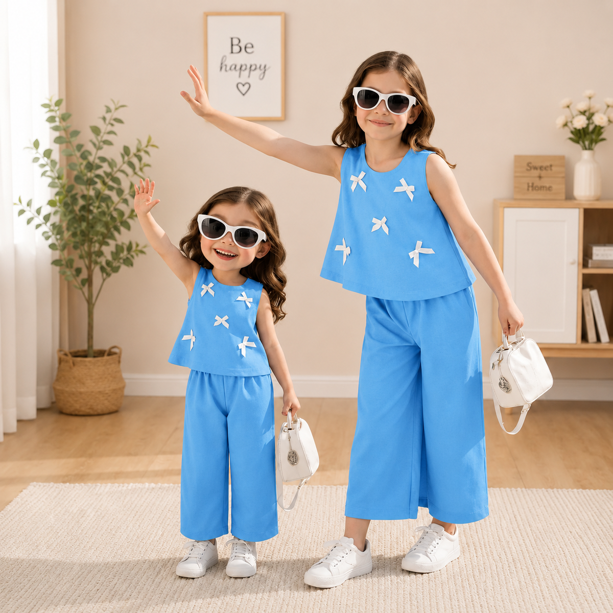 Sky Blue  : Girls Stylish Sleeveless Top & Wide-Leg Pants Co-Ord Set