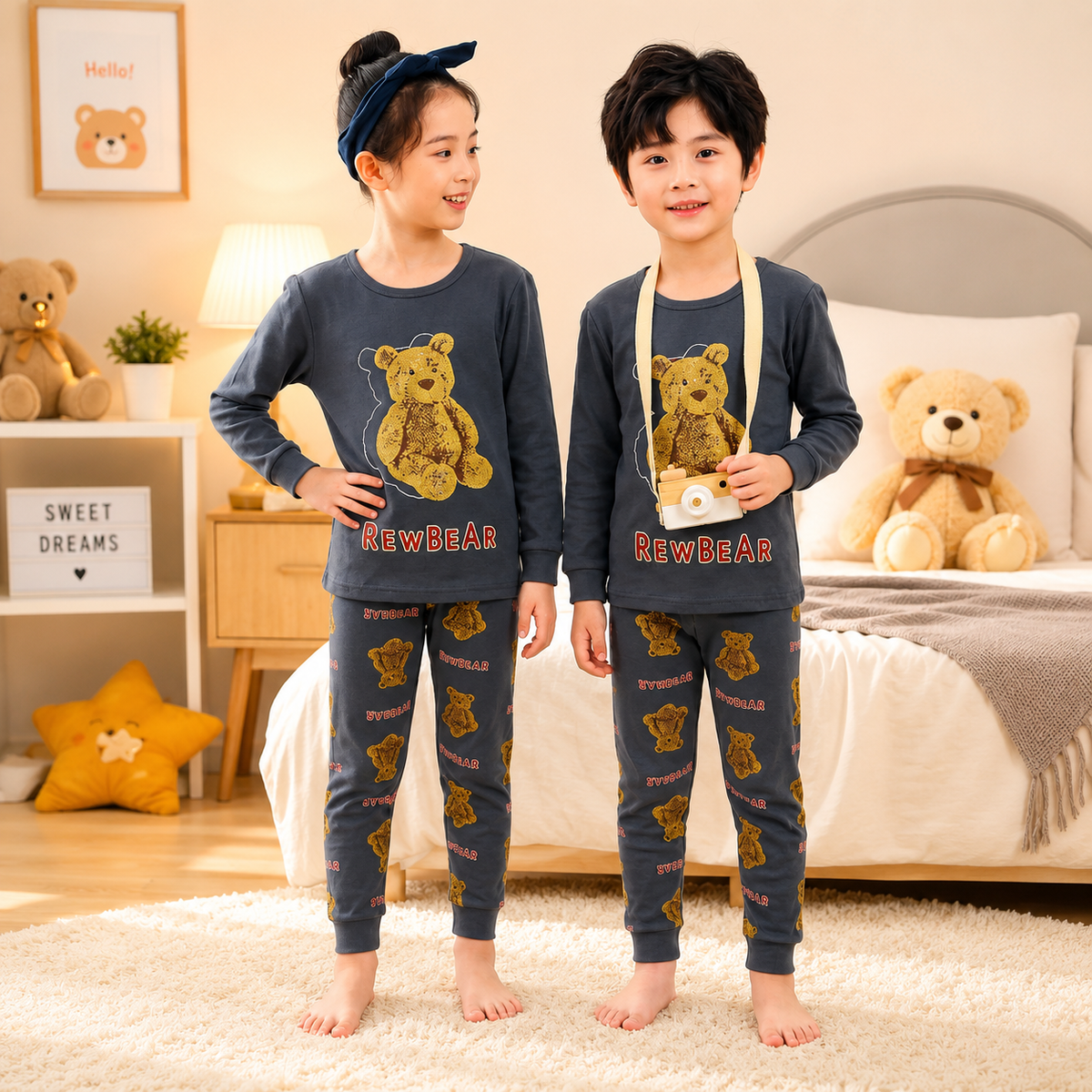 DARK GREY TEDDY BEAR PRINTED KIDS WEAR