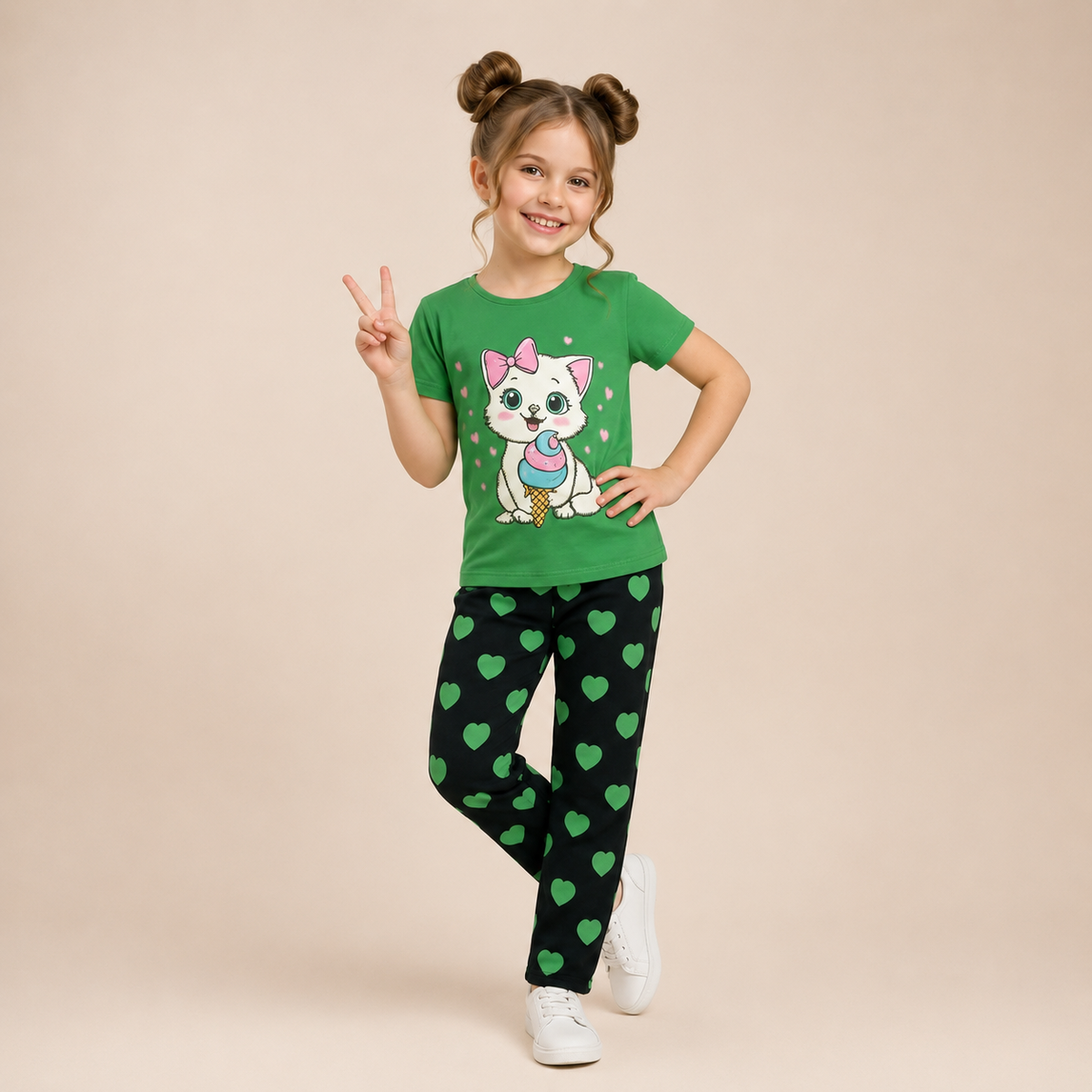 GREEN CAT WITH BLACK PAJMA PRINTED KIDS WEAR