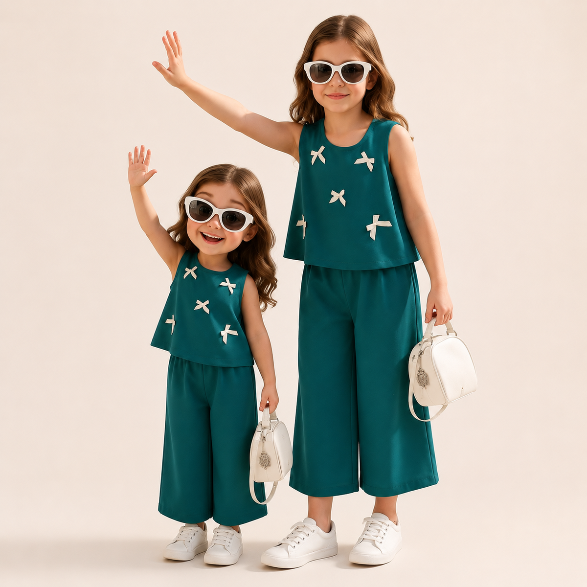 Green : Girls Stylish Sleeveless Top & Wide-Leg Pants Co-Ord Set