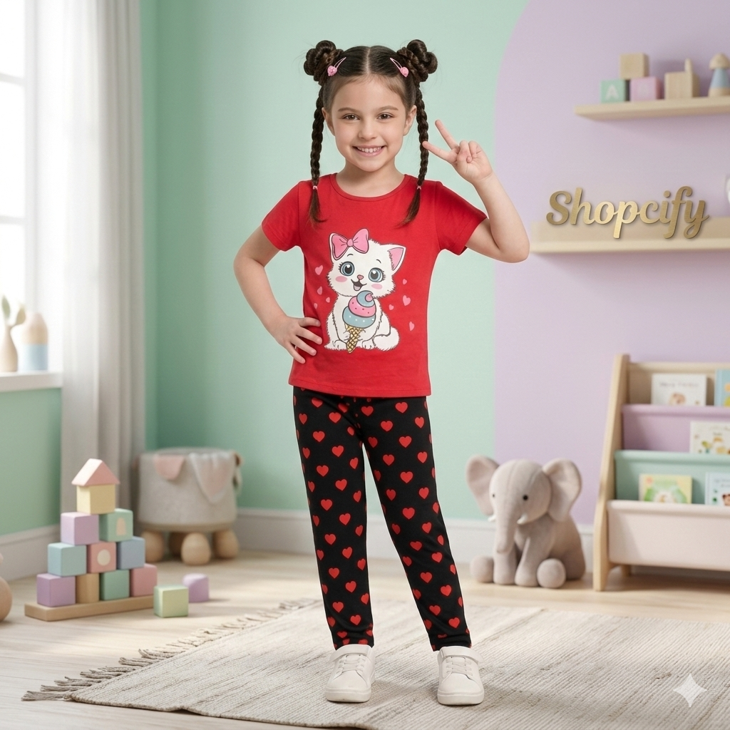 RED CAT WITH BLACK PAJMA PRINTED KIDS WEAR