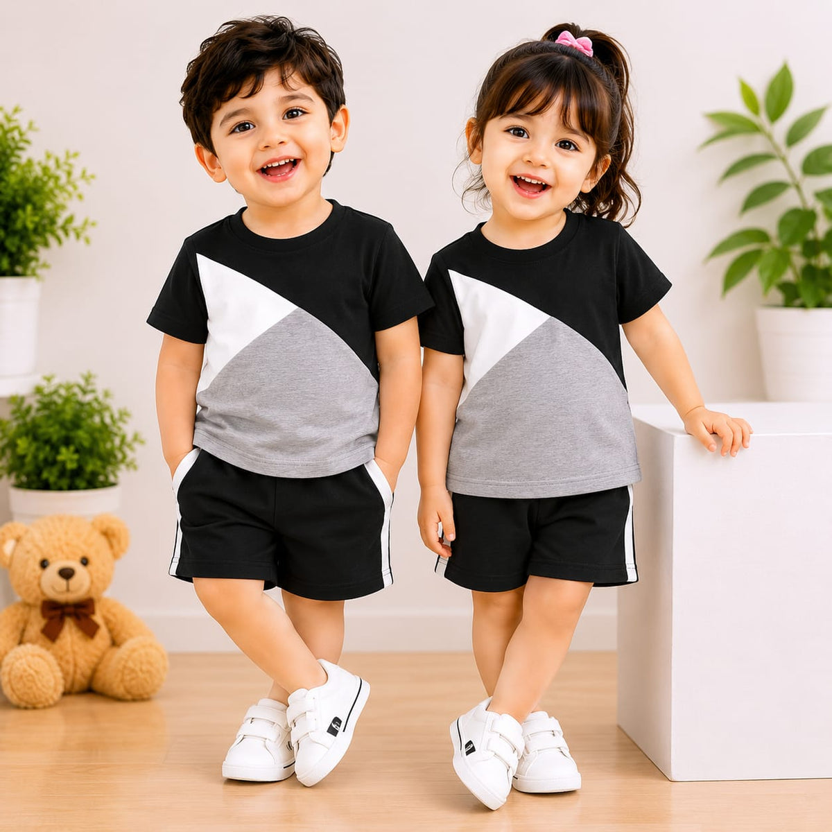 BLACK PANEL T-SHIRT SHORTS SET