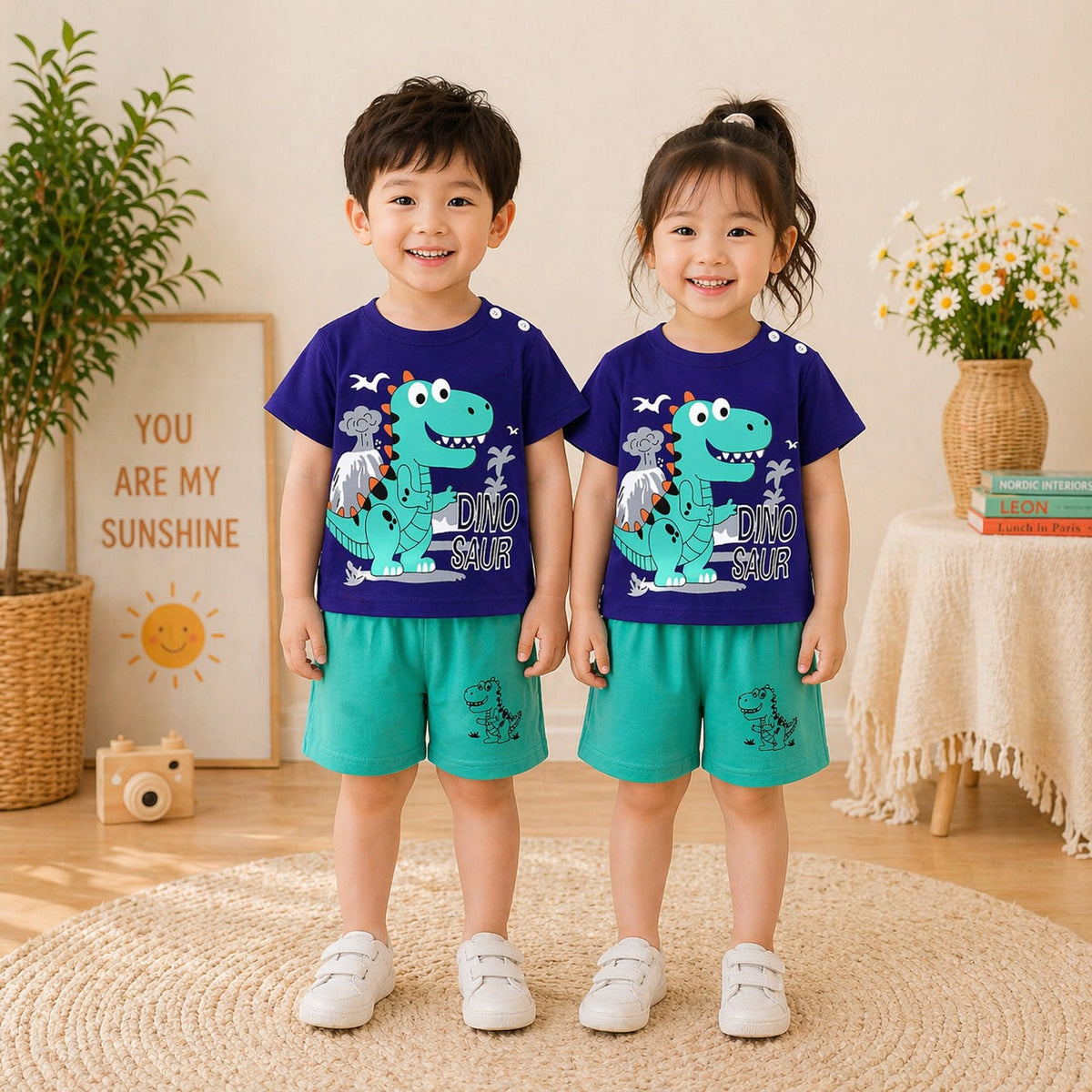 BLUE GREEN DINO PRINTED KIDS SHORT SLEEVE KIDS WEAR