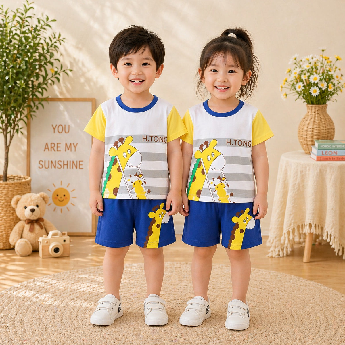 YELLOW GIRAFFE PRINTED SHORT SLEEVE KIDS WEAR